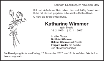 Traueranzeige von Katharine Wimmer von Schwäbische Post
