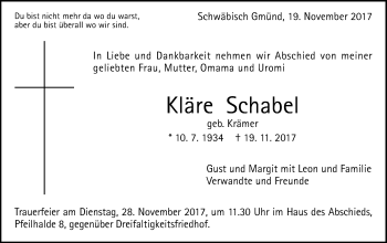 Traueranzeige von Kläre Schabel von Gmünder Tagespost