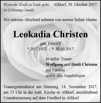 Traueranzeige von Leokadia Christen von Gmünder Tagespost