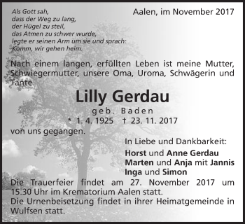 Traueranzeige von Lilly Gerdau von Schwäbische Post