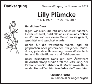 Traueranzeige von Lilly Plümcke von Schwäbische Post