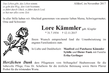 Traueranzeige von Lore Kämmler von Gmünder Tagespost