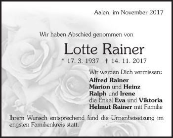 Traueranzeige von Lotte Rainer von Schwäbische Post