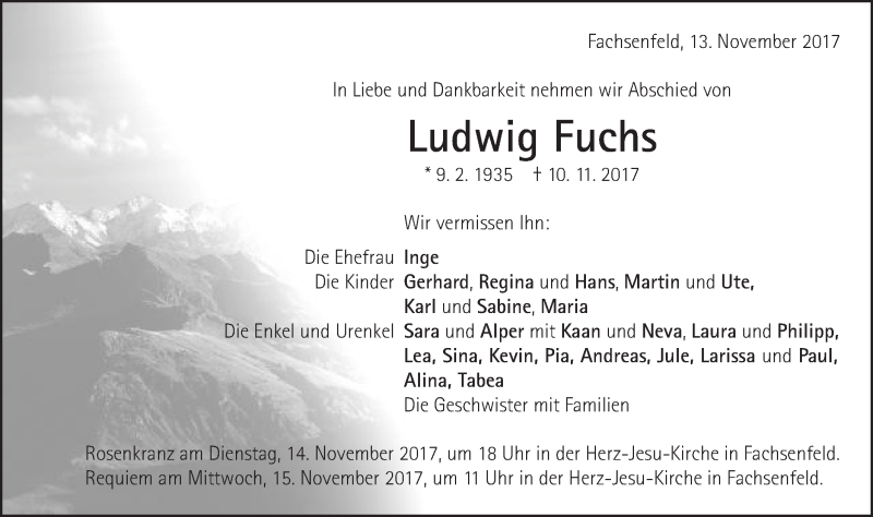 Traueranzeige für Ludwig Fuchs vom 13.11.2017 aus Schwäbische Post