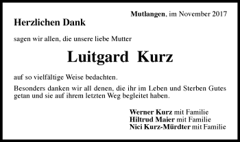Traueranzeige von Luitgard Kurz von Gmünder Tagespost