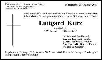 Traueranzeige von Luitgard Kurz von Gmünder Tagespost