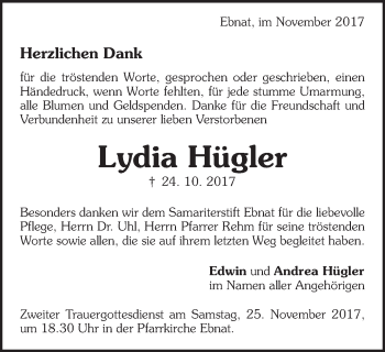 Traueranzeige von Lydia Hügler von Schwäbische Post