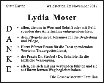 Traueranzeige von Lydia Moser von Gmünder Tagespost