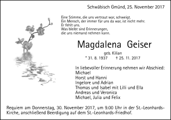 Traueranzeige von Magdalena Geiser von Gmünder Tagespost