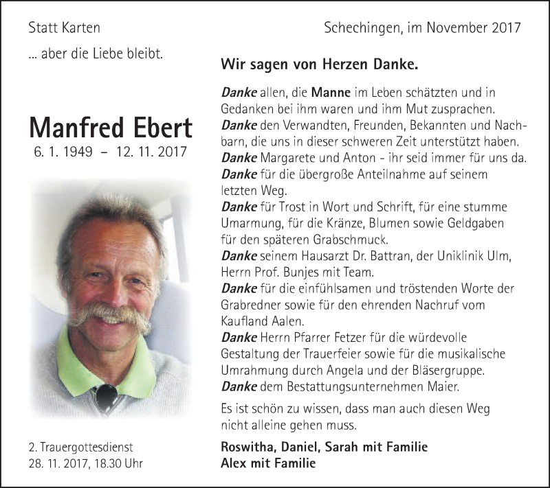  Traueranzeige für Manfred Ebert vom 25.11.2017 aus Schwäbische Post