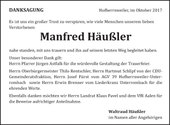 Traueranzeige von Manfred Häußler von Schwäbische Post