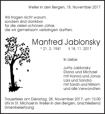 Traueranzeige von Manfred Jablonsky von Gmünder Tagespost