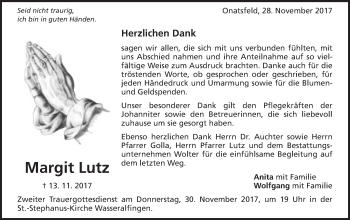 Traueranzeige von Margit Lutz von Schwäbische Post