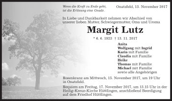 Traueranzeige von Margit Lutz von Schwäbische Post