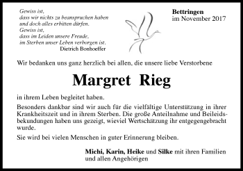 Traueranzeige von Margret Rieg von Gmünder Tagespost