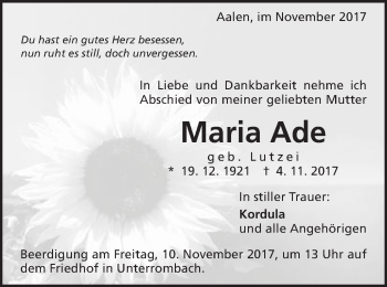Traueranzeige von Maria Ade von Schwäbische Post