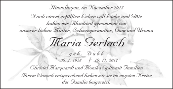 Traueranzeige von Maria Gerlach von Schwäbische Post