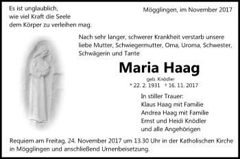 Traueranzeige von Maria Haag von Gmünder Tagespost