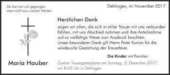 Traueranzeige von Maria Hauber von Schwäbische Post