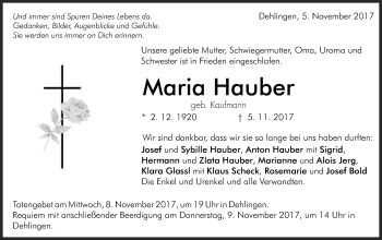 Traueranzeige von Maria Hauber von Schwäbische Post