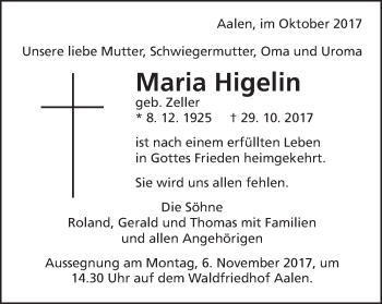Traueranzeige von Maria Higelin von Schwäbische Post
