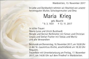 Traueranzeige von Maria Krieg von Gmünder Tagespost