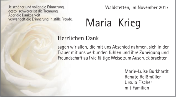 Traueranzeige von Maria Krieg von Gmünder Tagespost