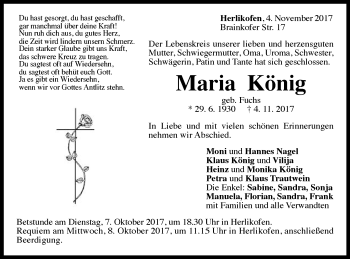 Traueranzeige von Maria König von Gmünder Tagespost
