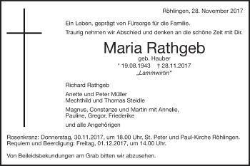 Traueranzeige von Maria Rathgeb von Schwäbische Post