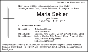Traueranzeige von Maria Sekler von Schwäbische Post