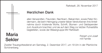 Traueranzeige von Maria Sekler von Schwäbische Post