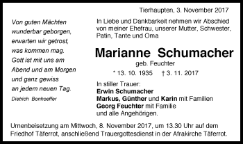 Traueranzeige von Marianne Schumacher von Gmünder Tagespost