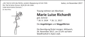 Traueranzeige von Marie Luise Richardt von Schwäbische Post