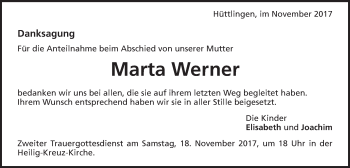 Traueranzeige von Marta Werner von Schwäbische Post