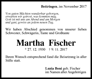 Traueranzeige von Martha Fischer von Gmünder Tagespost
