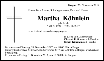 Traueranzeige von Martha Köhnlein von Gmünder Tagespost