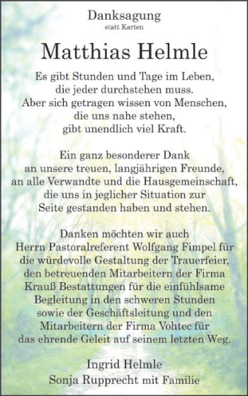 Traueranzeige von Matthias Heimle von Schwäbische Post