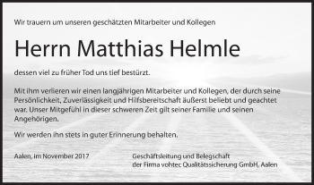 Traueranzeige von Matthias Helmle von Schwäbische Post