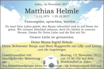 Traueranzeige von Matthias Helmle von Schwäbische Post