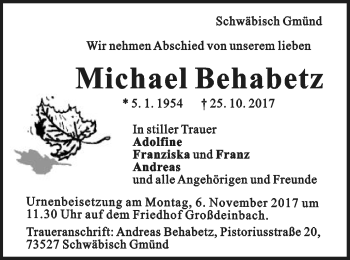 Traueranzeige von Michael Behabetz von Gmünder Tagespost