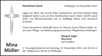 Traueranzeige von Mina Müller von Schwäbische Post