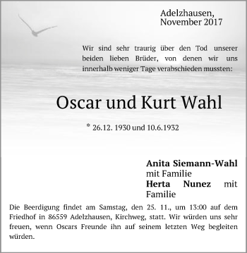 Traueranzeige von Oscar und Kurt Wahl von Gmünder Tagespost