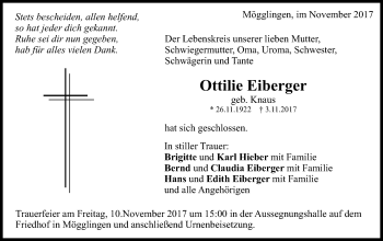 Traueranzeige von Ottilie Eiberger von Gmünder Tagespost