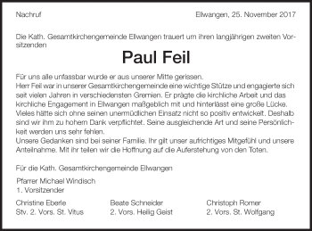 Traueranzeige von Paul Feil von Schwäbische Post