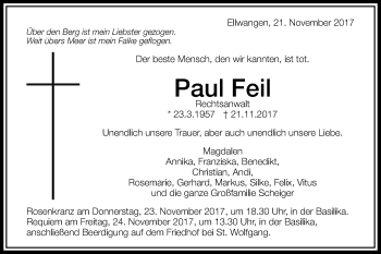 Traueranzeige von Paul Feil von Schwäbische Post
