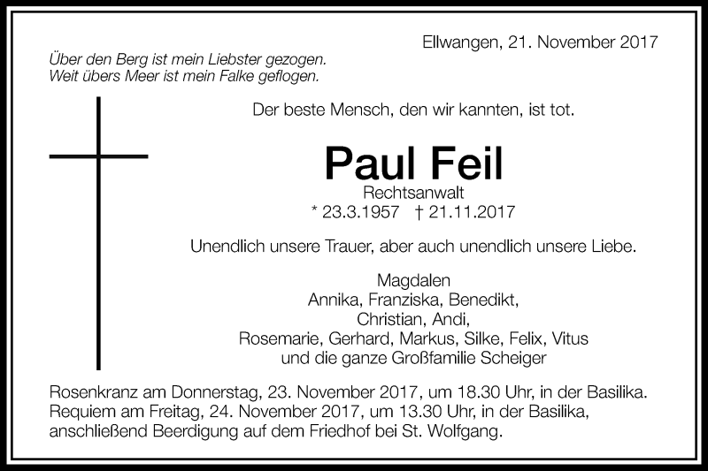  Traueranzeige für Paul Feil vom 23.11.2017 aus Schwäbische Post