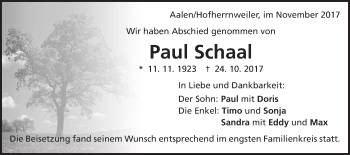 Traueranzeige von Paul Schaal von Schwäbische Post