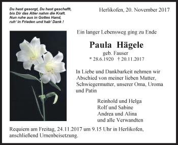 Traueranzeige von Paula Hägele von Gmünder Tagespost