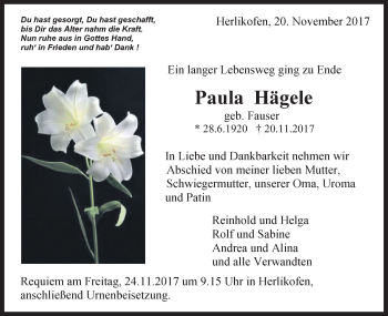 Traueranzeige von Paula Hägele