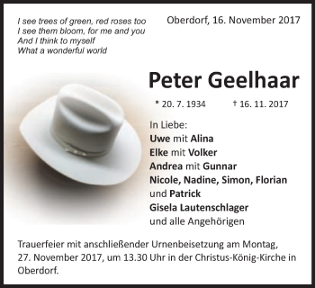 Traueranzeige von Peter Geelhaar von Schwäbische Post